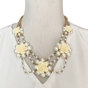 White Lucite Rose Bib Statement Necklace with White Pearls Adjustable Length